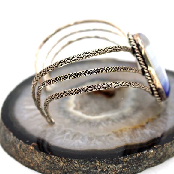 Sterling Silver Blue Agate Chevron Cuff Bracelet. - Picture 3 of 8